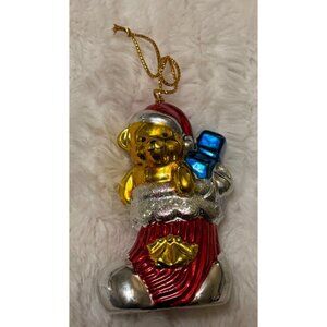 Avon Gift Collection Brilliant Festive Metallic Teddy w/Stocking Ornament 3.25"